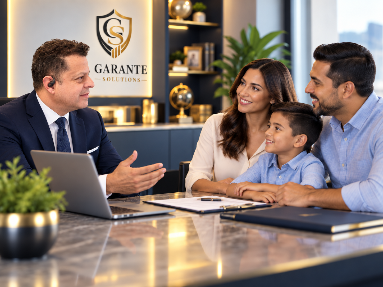 Asesor de Garante Solutions atendiendo a una familia en su oficina